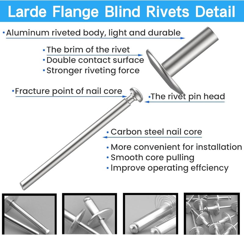 LAZIRO Large Flange Pop Rivets 3/16" Aluminum Body Steel Mandrel Large Dome Head 6-8 Gap .Large Self-Plugging Open End Decorating Fastener Nails Pop Rivets (Silver) (3/16"X1/2") - Image 3